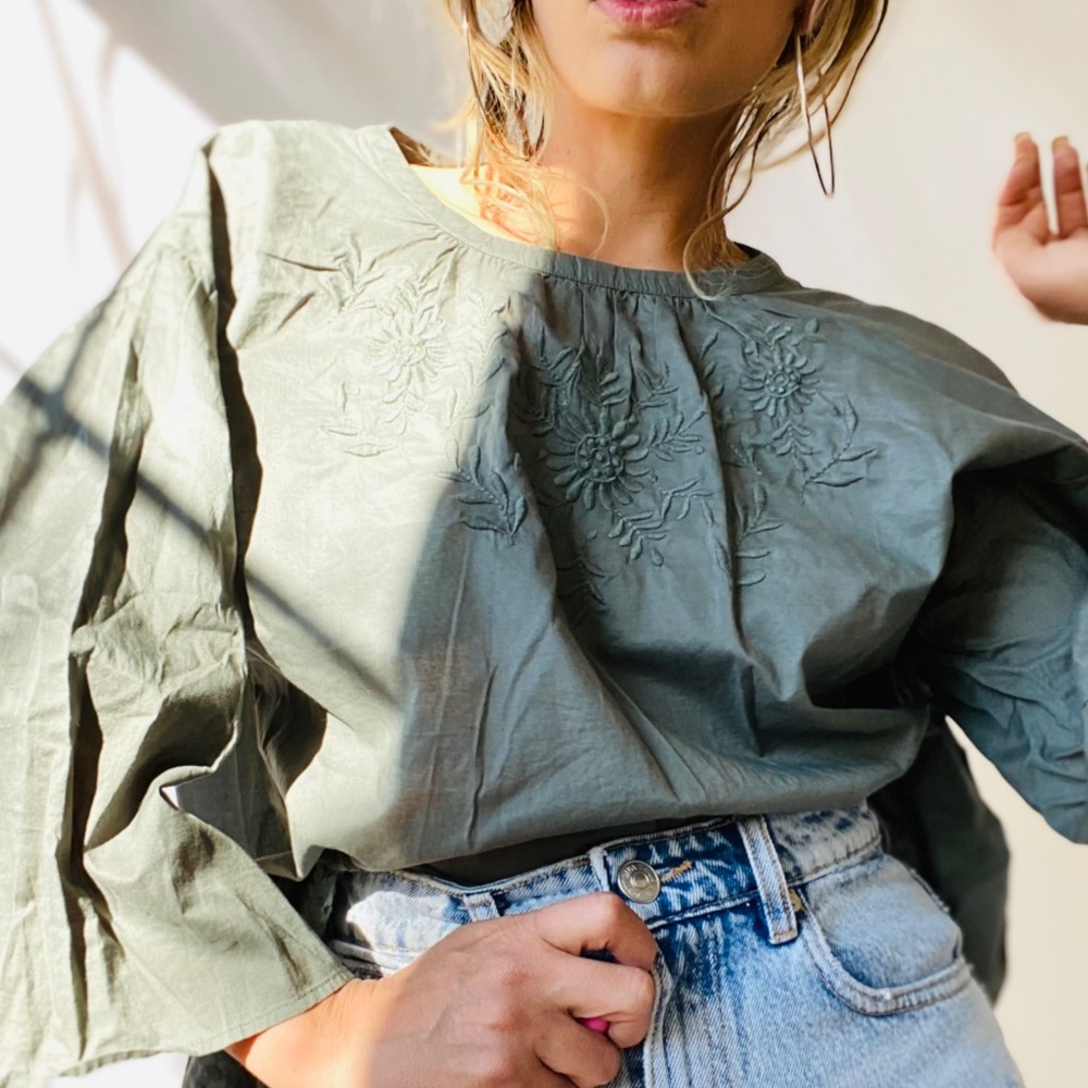 UNIQLO Olive Boho Embroidered Top